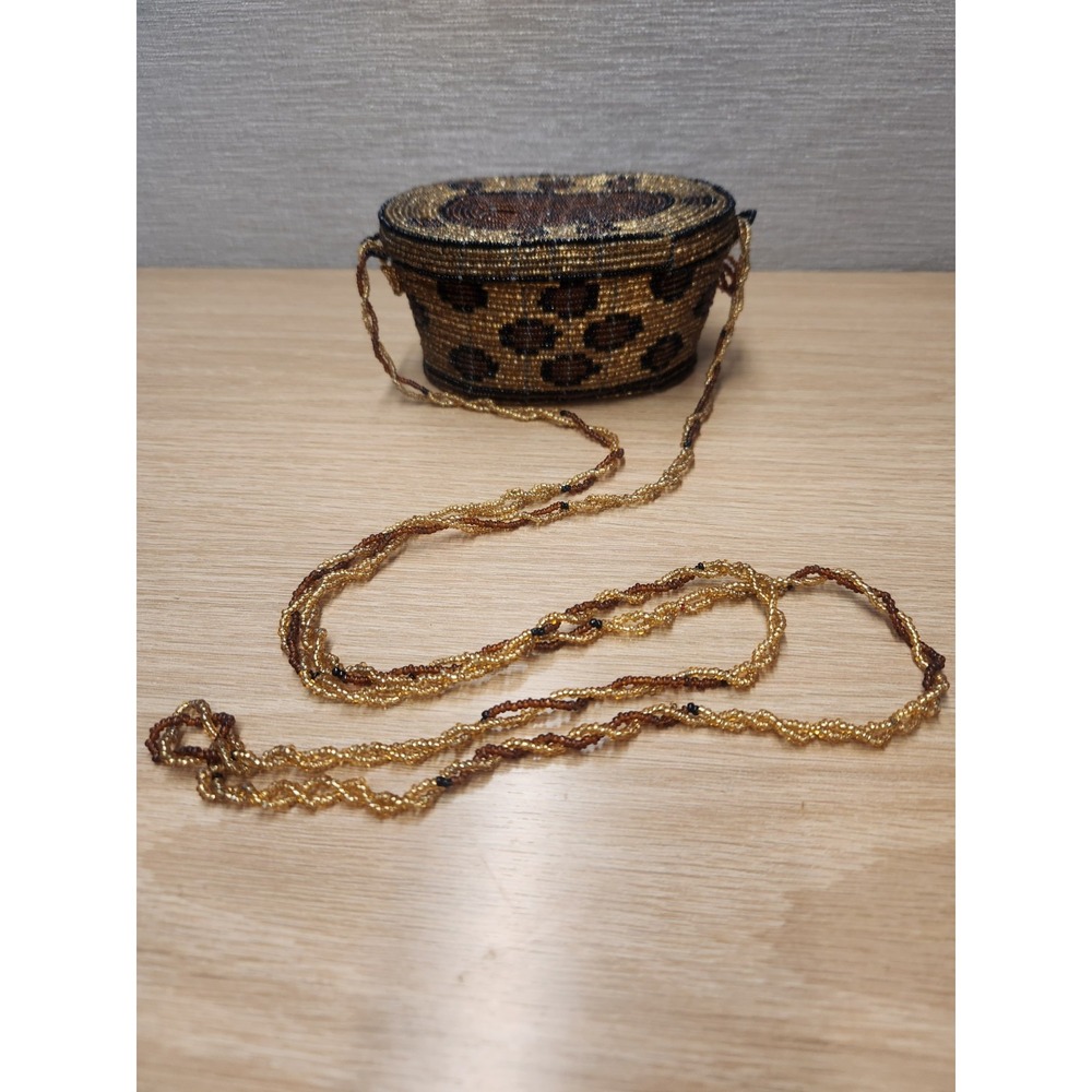 Vintage Seed Bead Hand Beaded Wire Hanging Trinket Box Purse Lidded Brown Gold